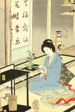 Arrangement de fleurs et cérémonie du thé 1895 Toyohara Chikanobu Bijin okubi e Peinture à l'huile